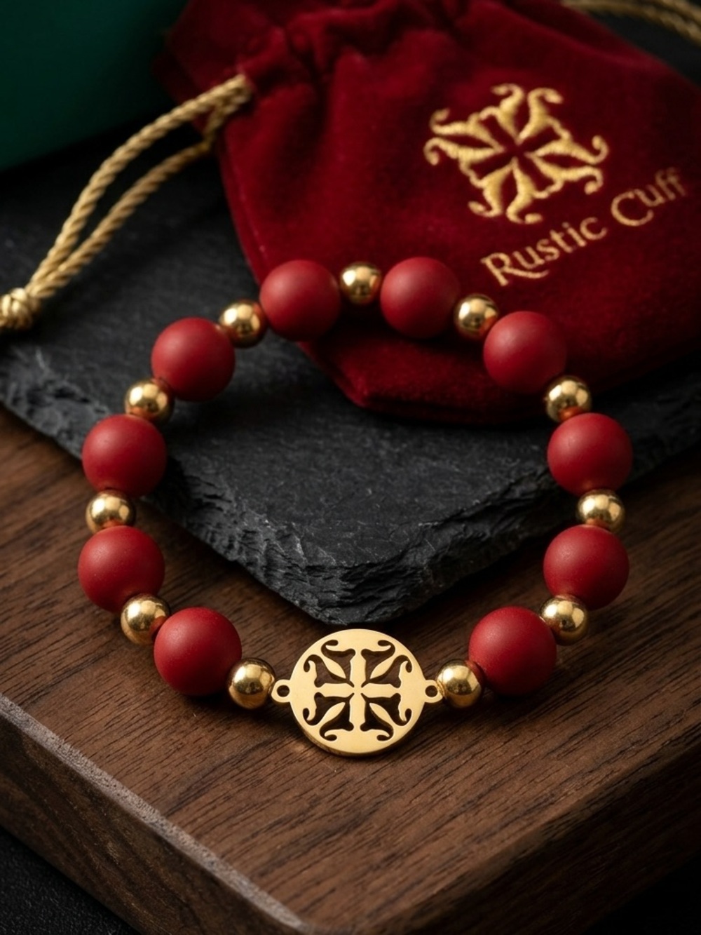 Rustic Cuff Red & Gold Beaded Stretch Bracelet with Charm 2223